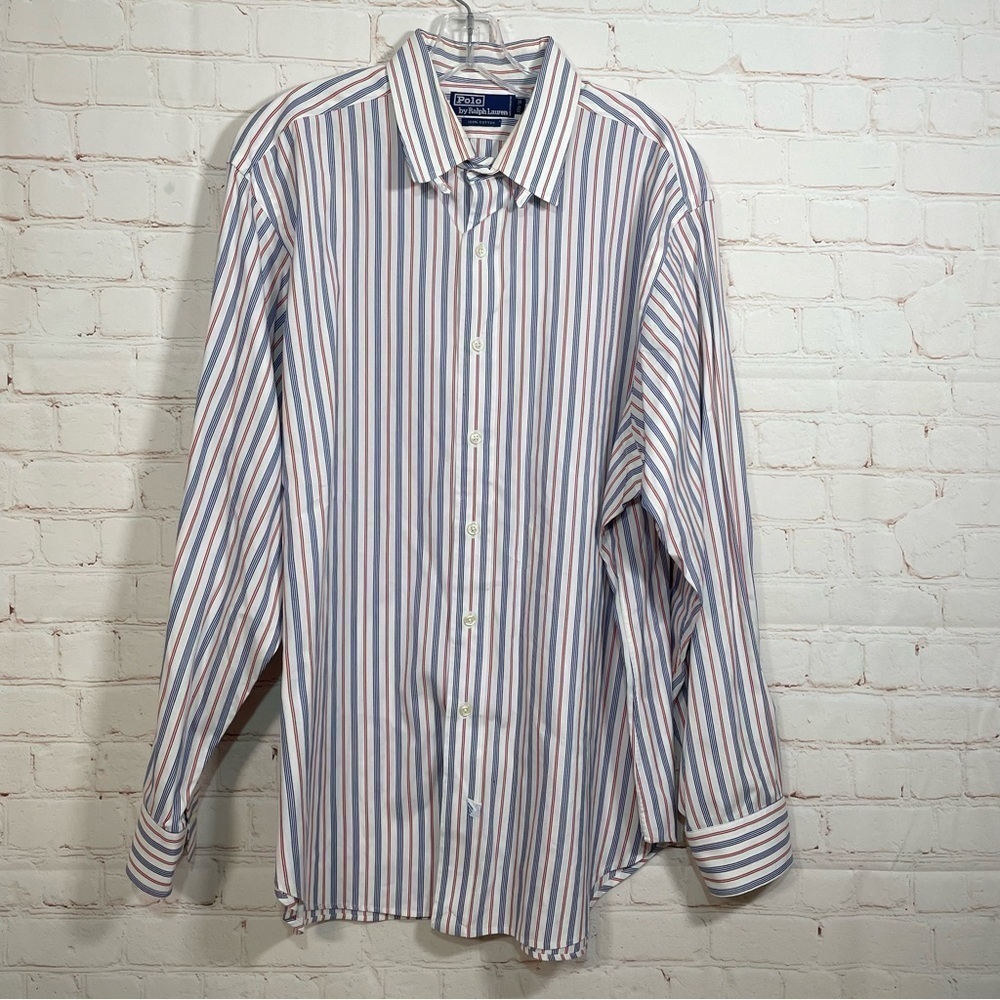 Vintage Polo Ralph Lauren Shirt Mens 17.5-36 Red Blue Striped 100% Cotton Button